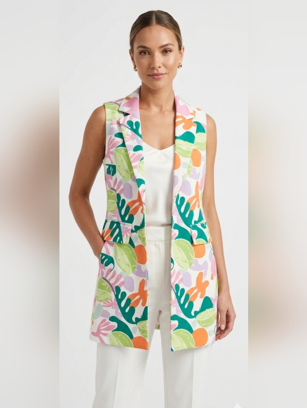UNKNOWN BRAND WOMEN'S WHITE GREEN TROPICAL /SUMMER PRINT, LONG VEST, SIZE M.
